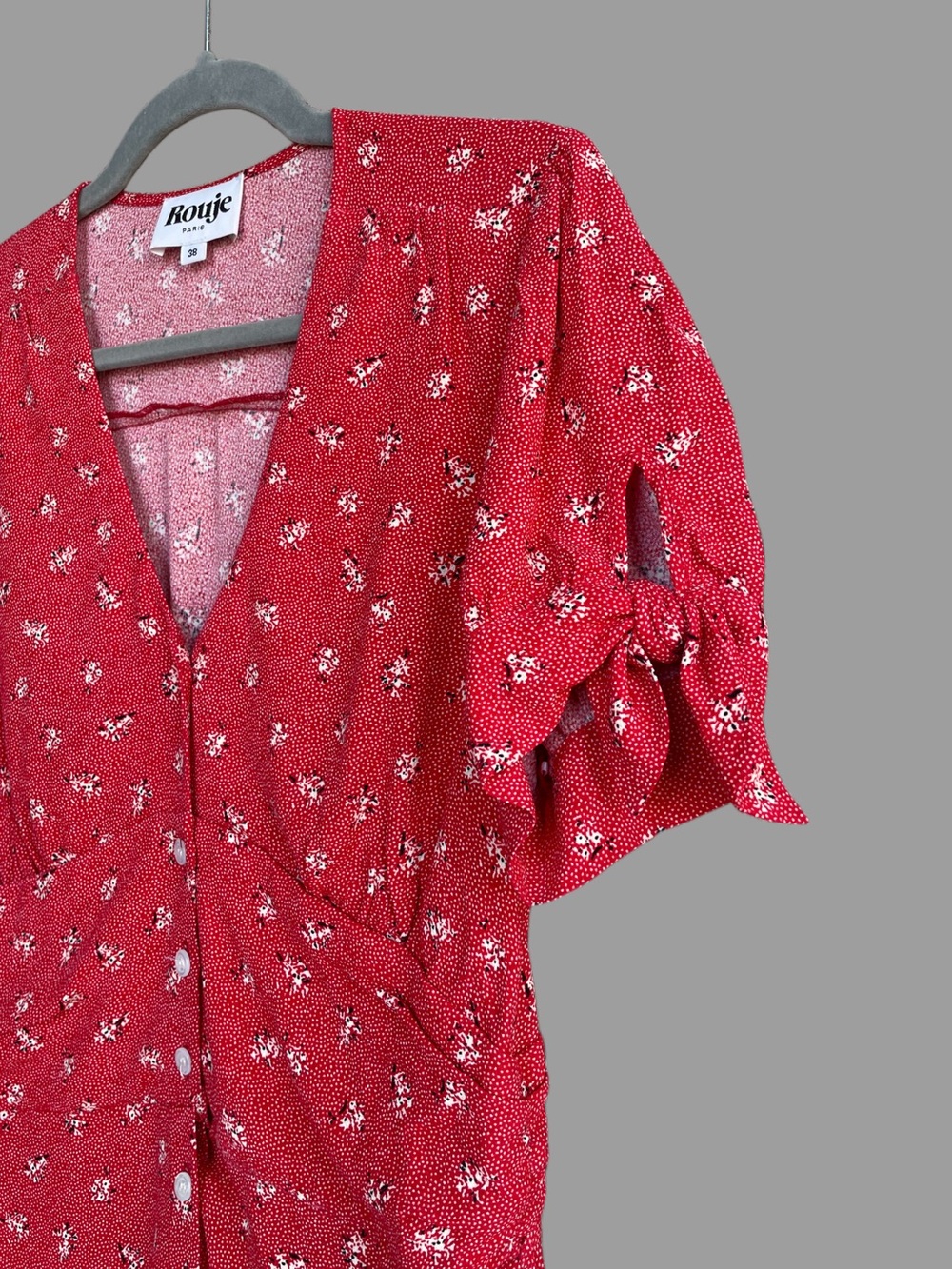 ROUJE Red & White Floral Dot Printed Button Down V Neck Laura Midi Dress 38, 4/6 - Picture 13 of 17